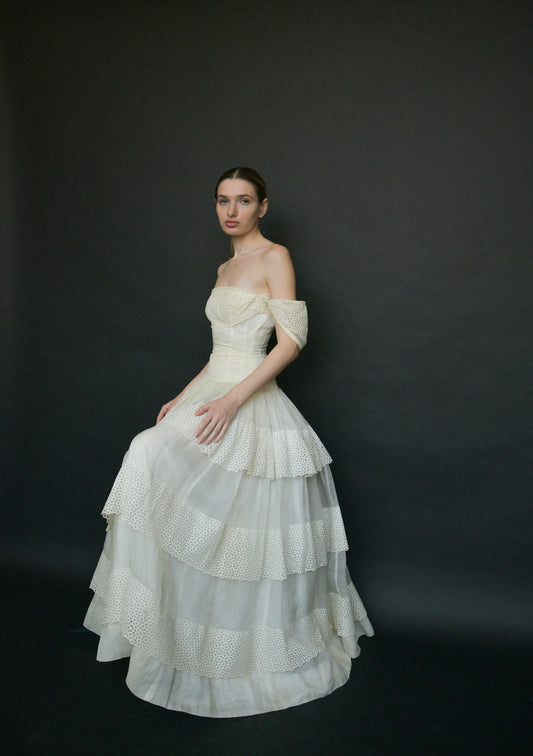 1940s white cutwork lace organdy gown