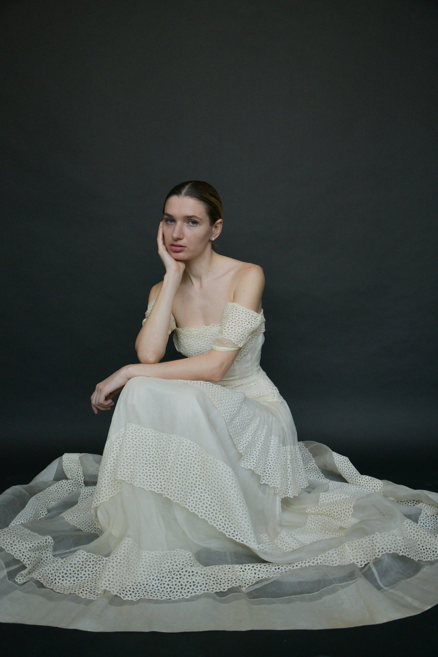 1940s white cutwork lace organdy gown