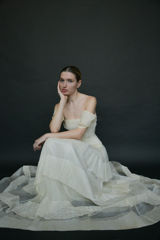 1940s white cutwork lace organdy gown