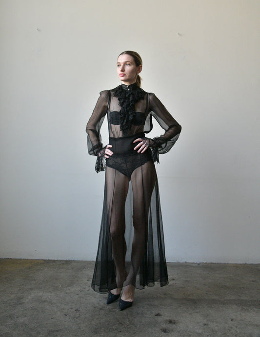 1930s black sheer lace tuxedo ruffle dress