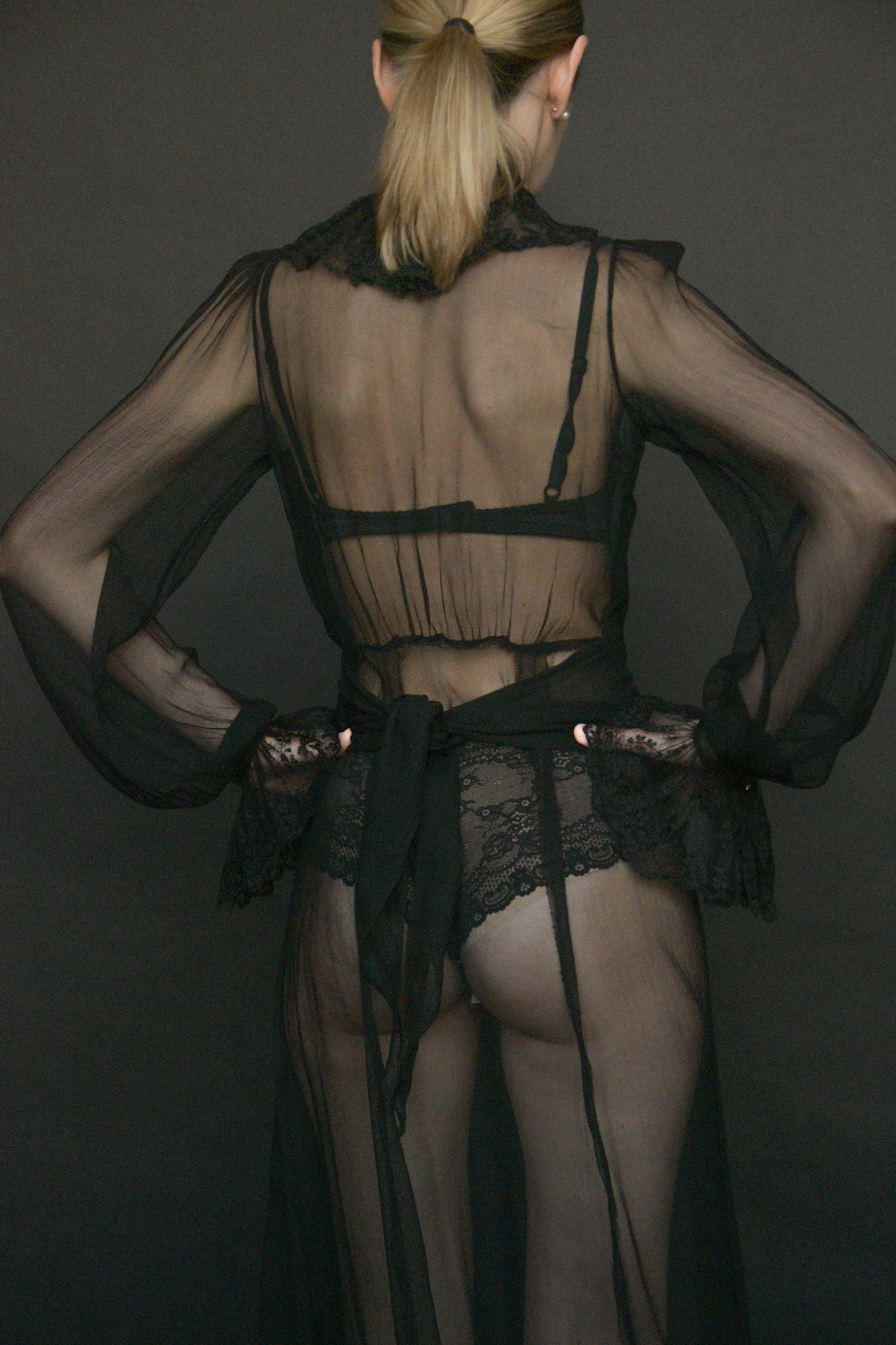 1930s black sheer lace tuxedo ruffle dress