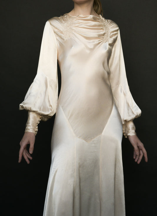 1930s silk satin full sleeve bias cut dress