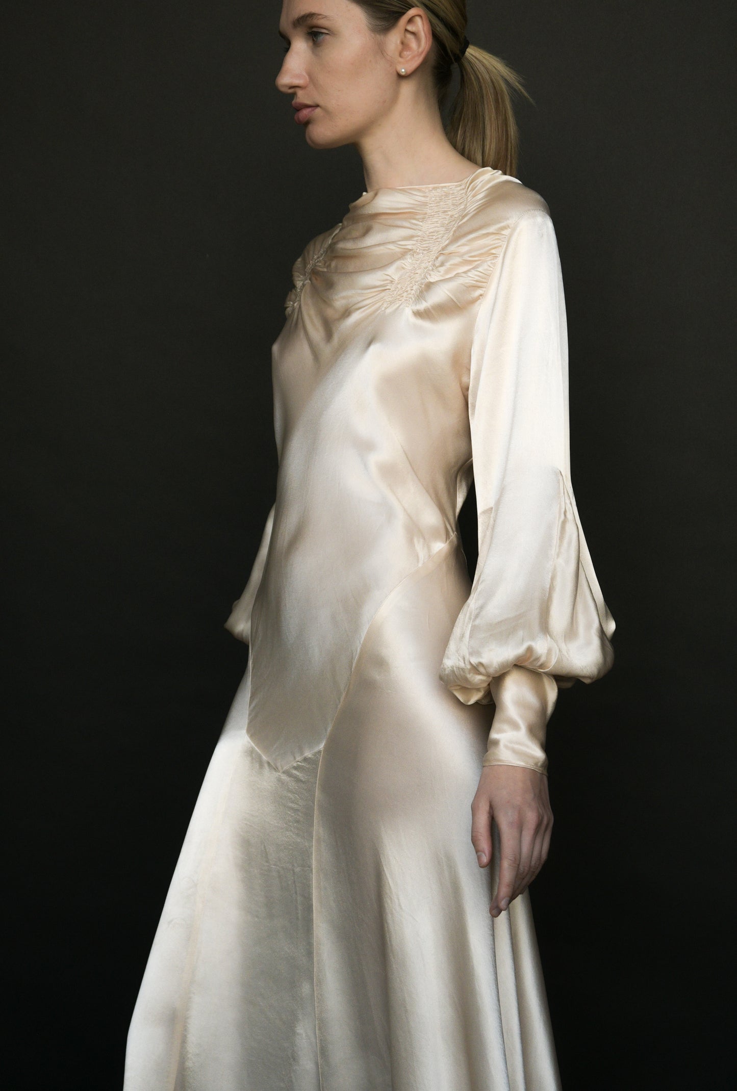 1930s silk satin full sleeve bias cut dress