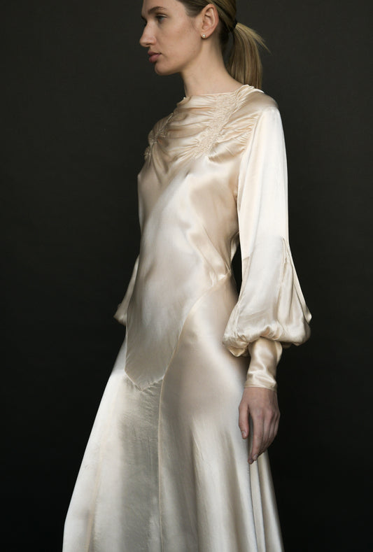 1930s silk satin full sleeve bias cut dress