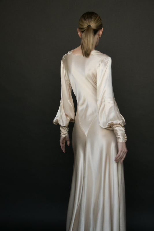 1930s silk satin full sleeve bias cut dress