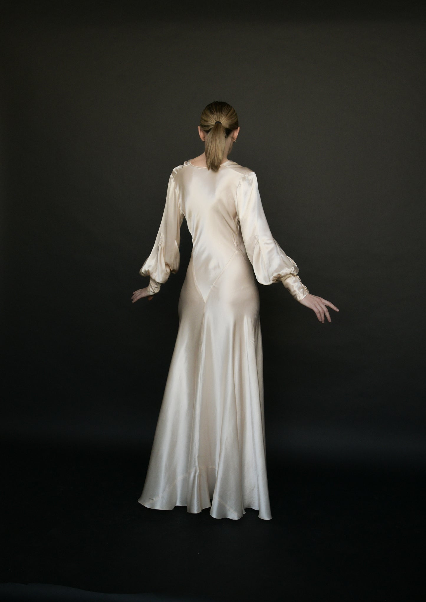 1930s silk satin full sleeve bias cut dress