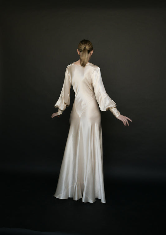 1930s silk satin full sleeve bias cut dress