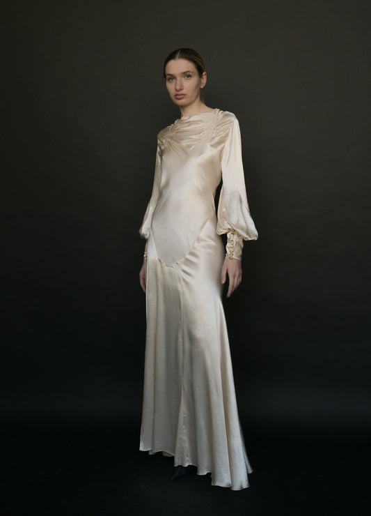 1930s silk satin full sleeve bias cut dress