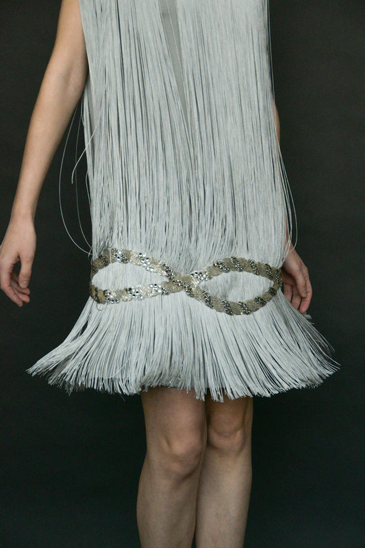 azzaro grey fringe rhinestone mini dress