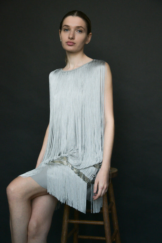 azzaro grey fringe rhinestone mini dress
