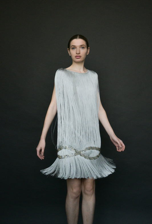 azzaro grey fringe rhinestone mini dress