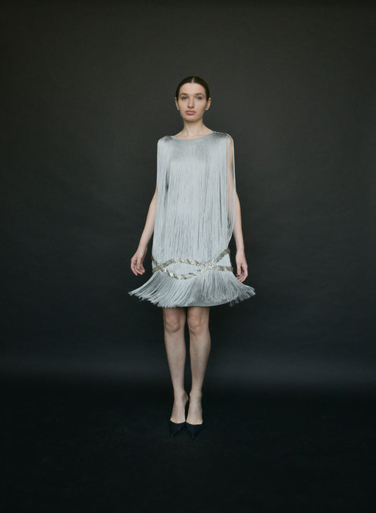 azzaro grey fringe rhinestone mini dress