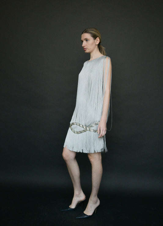 azzaro grey fringe rhinestone mini dress