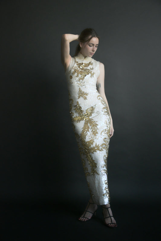1960s sequin bead gold dragon phoenix qipao cheongsam dress