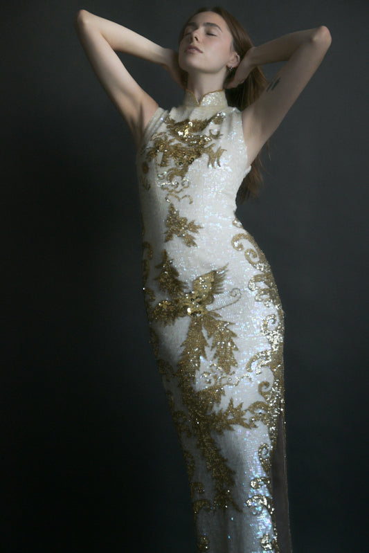1960s sequin bead gold dragon phoenix qipao cheongsam dress