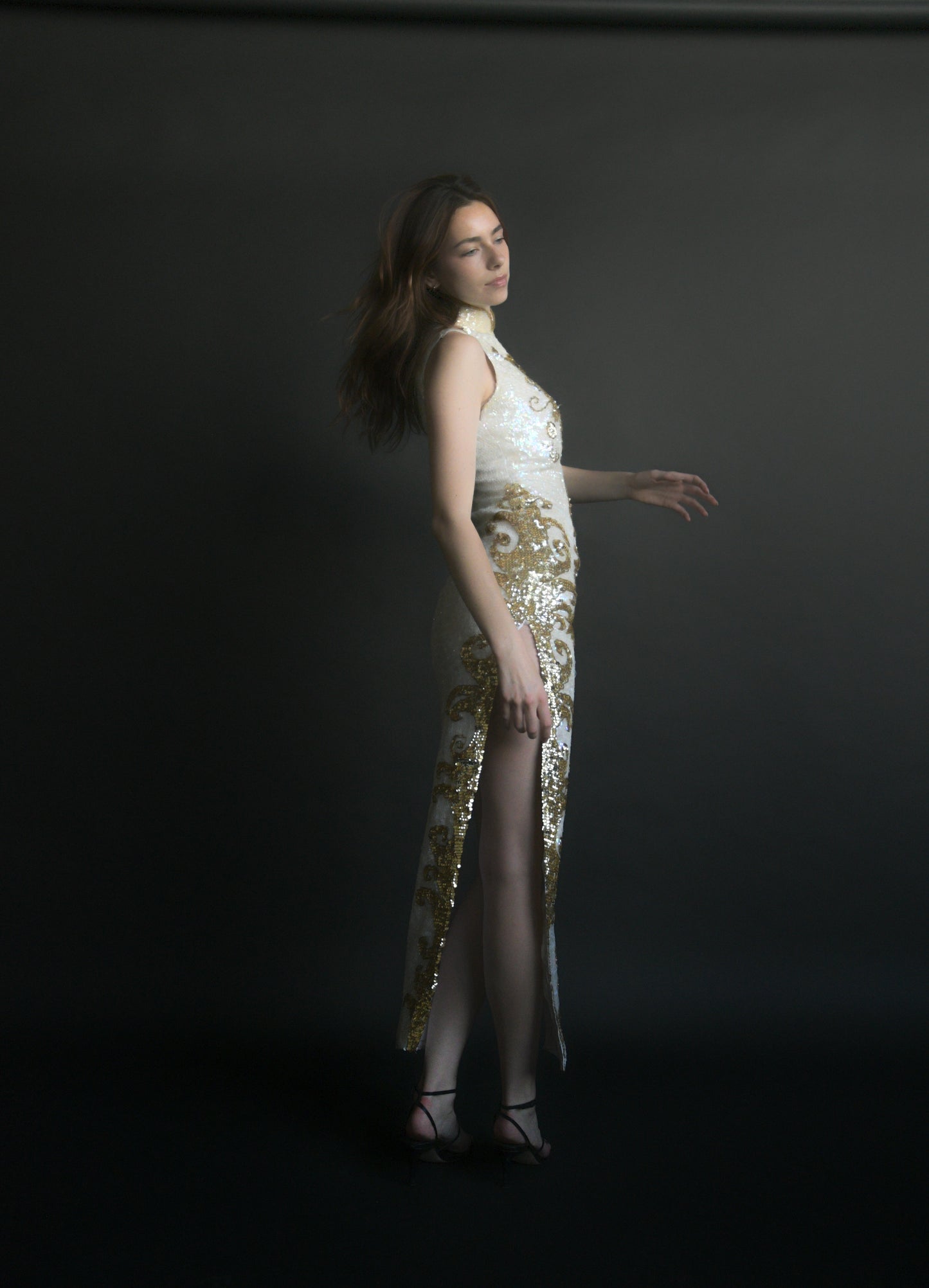 1960s sequin bead gold dragon phoenix qipao cheongsam dress