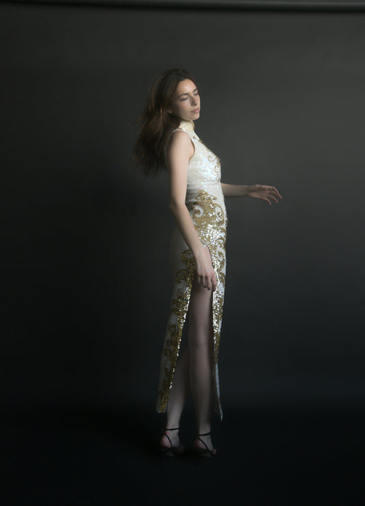 1960s sequin bead gold dragon phoenix qipao cheongsam dress
