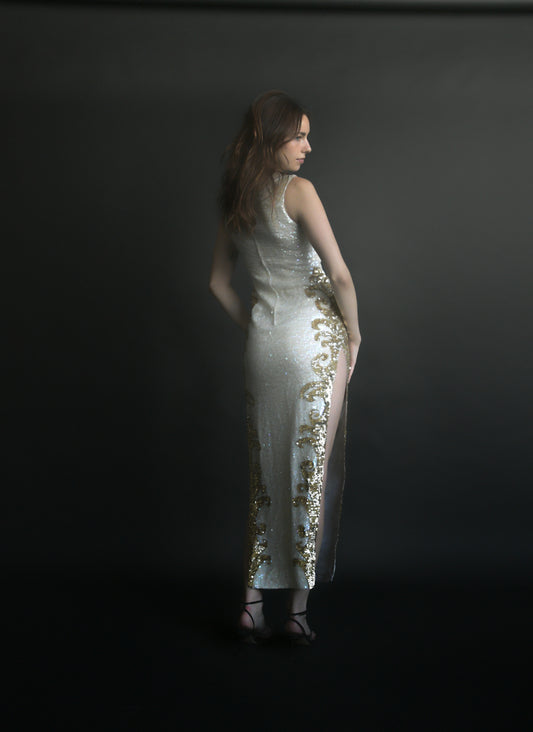 1960s sequin bead gold dragon phoenix qipao cheongsam dress