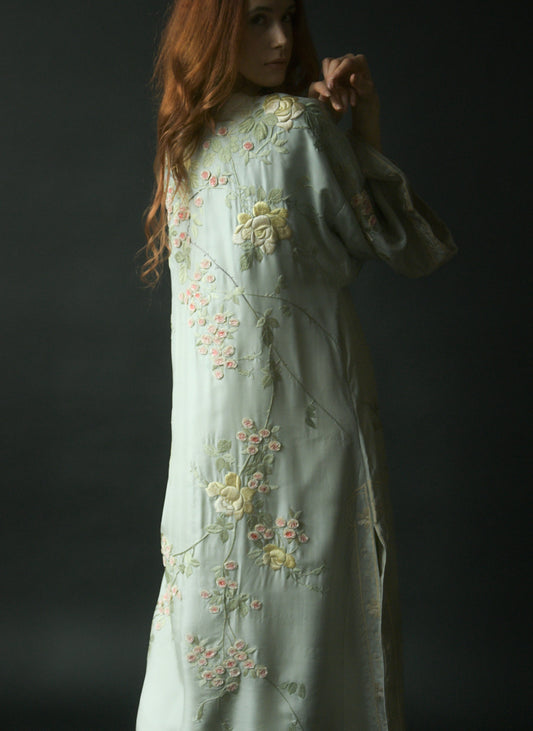 antique 1920s silk seafoam green hand embroidered floral kimono