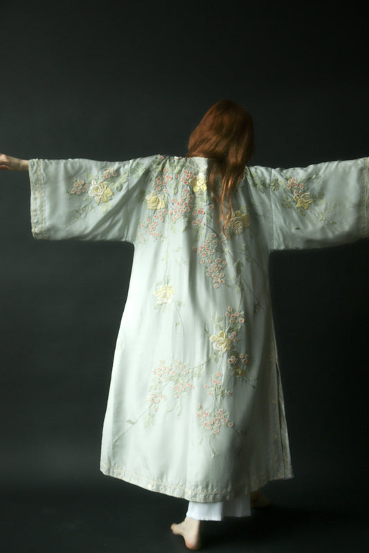 antique 1920s silk seafoam green hand embroidered floral kimono