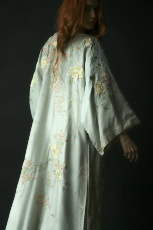antique 1920s silk seafoam green hand embroidered floral kimono