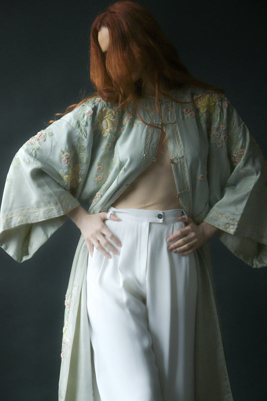 antique 1920s silk seafoam green hand embroidered floral kimono