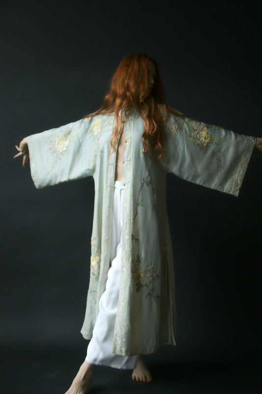 antique 1920s silk seafoam green hand embroidered floral kimono