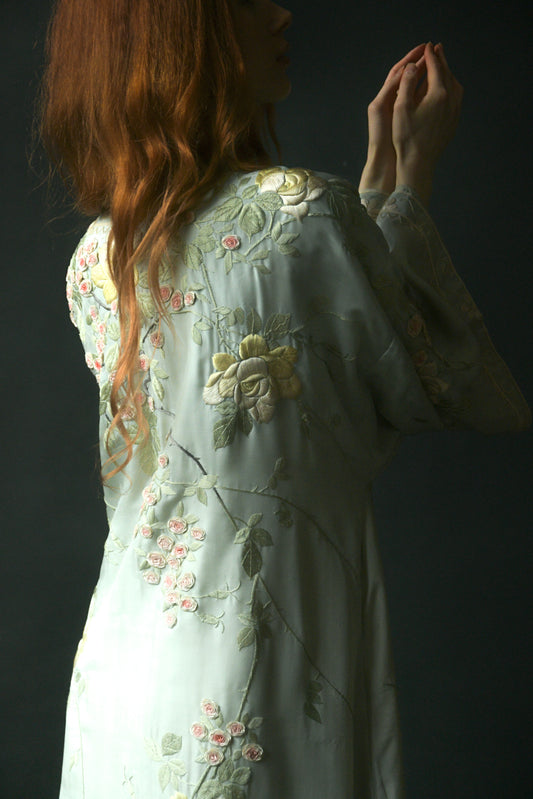 antique 1920s silk seafoam green hand embroidered floral kimono
