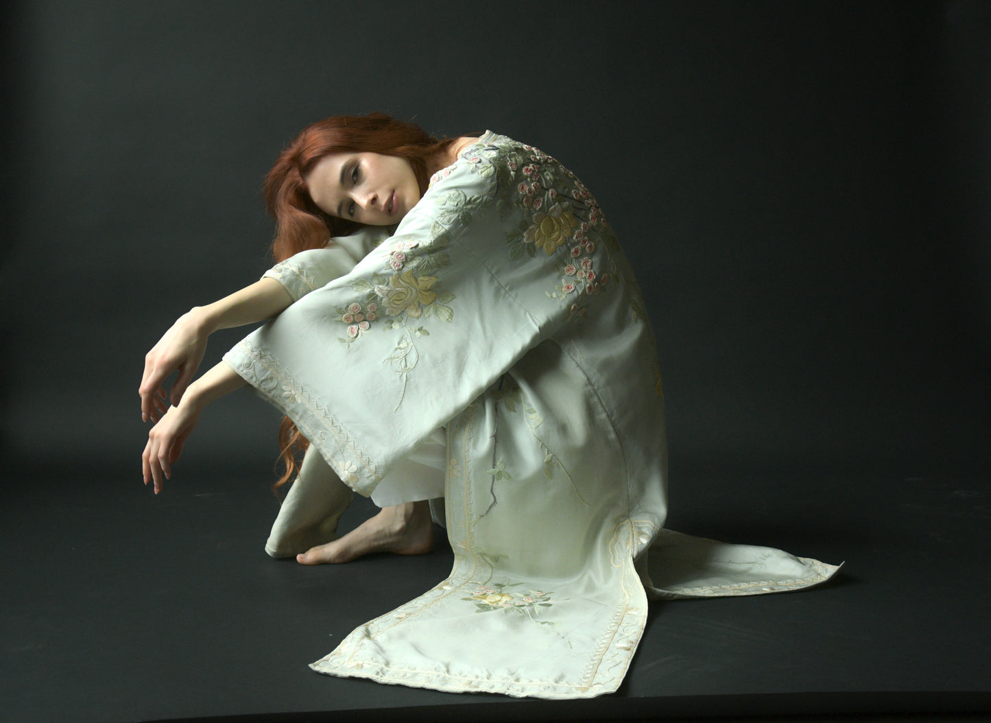 antique 1920s silk seafoam green hand embroidered floral kimono