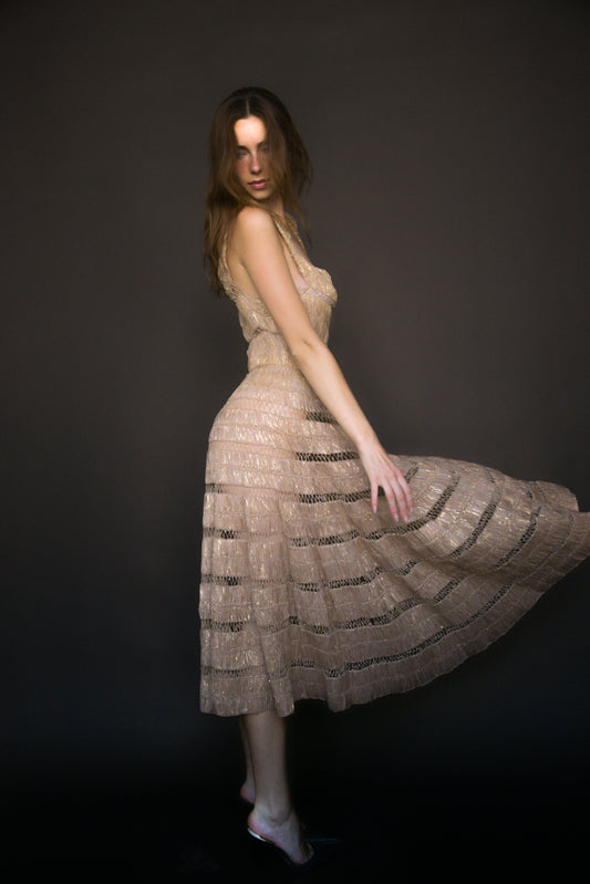 1940s  raffia metallic full skirt midi dress