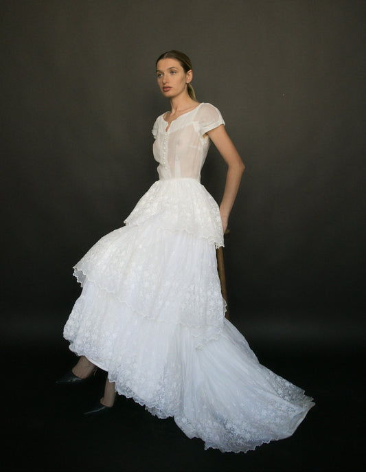 1930s/40s white organdy embroidered eyelet lace gown