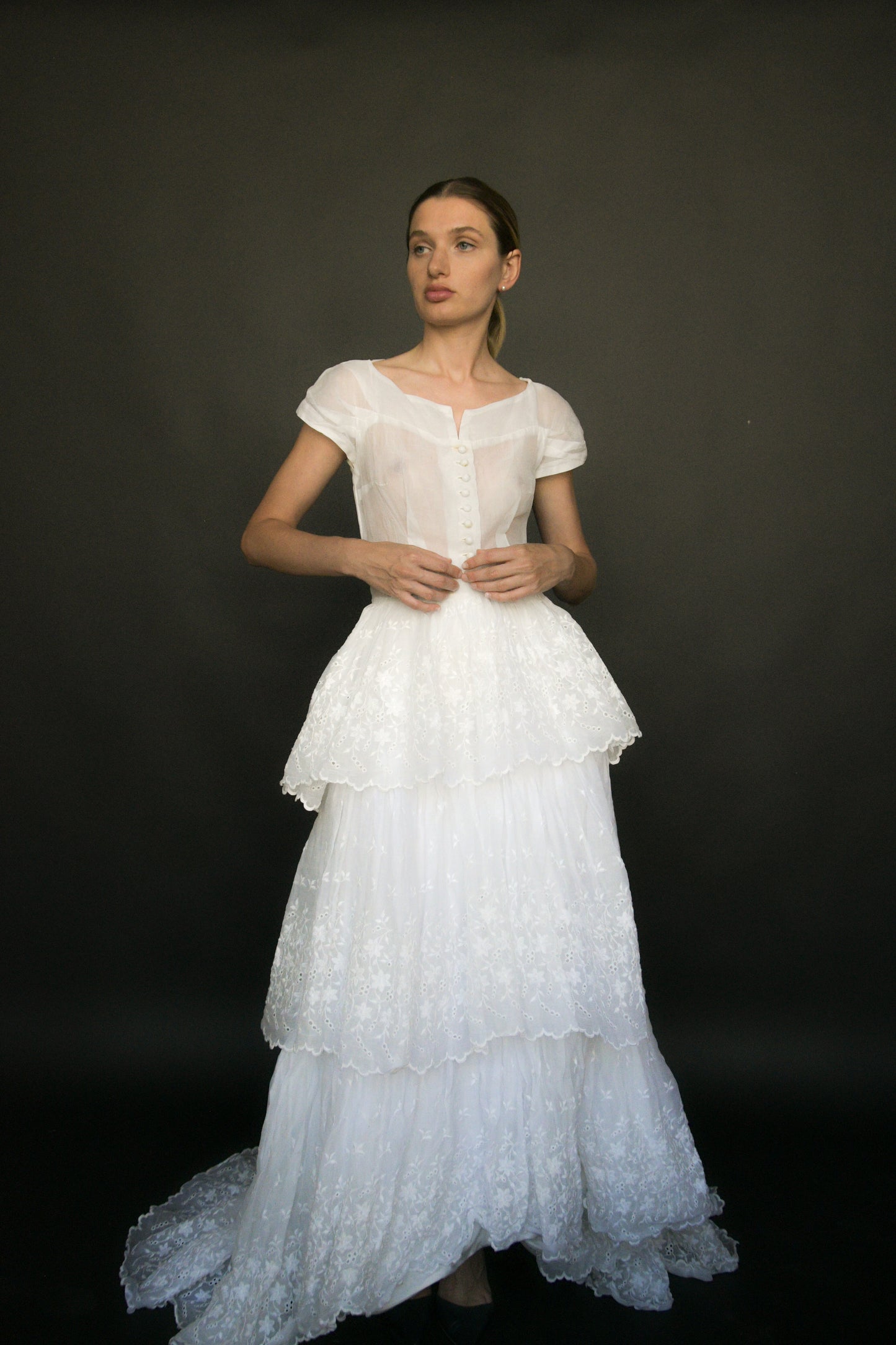 1930s/40s white organdy embroidered eyelet lace gown