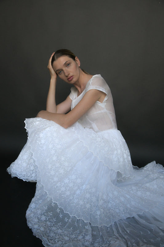 1930s/40s white organdy embroidered eyelet lace gown
