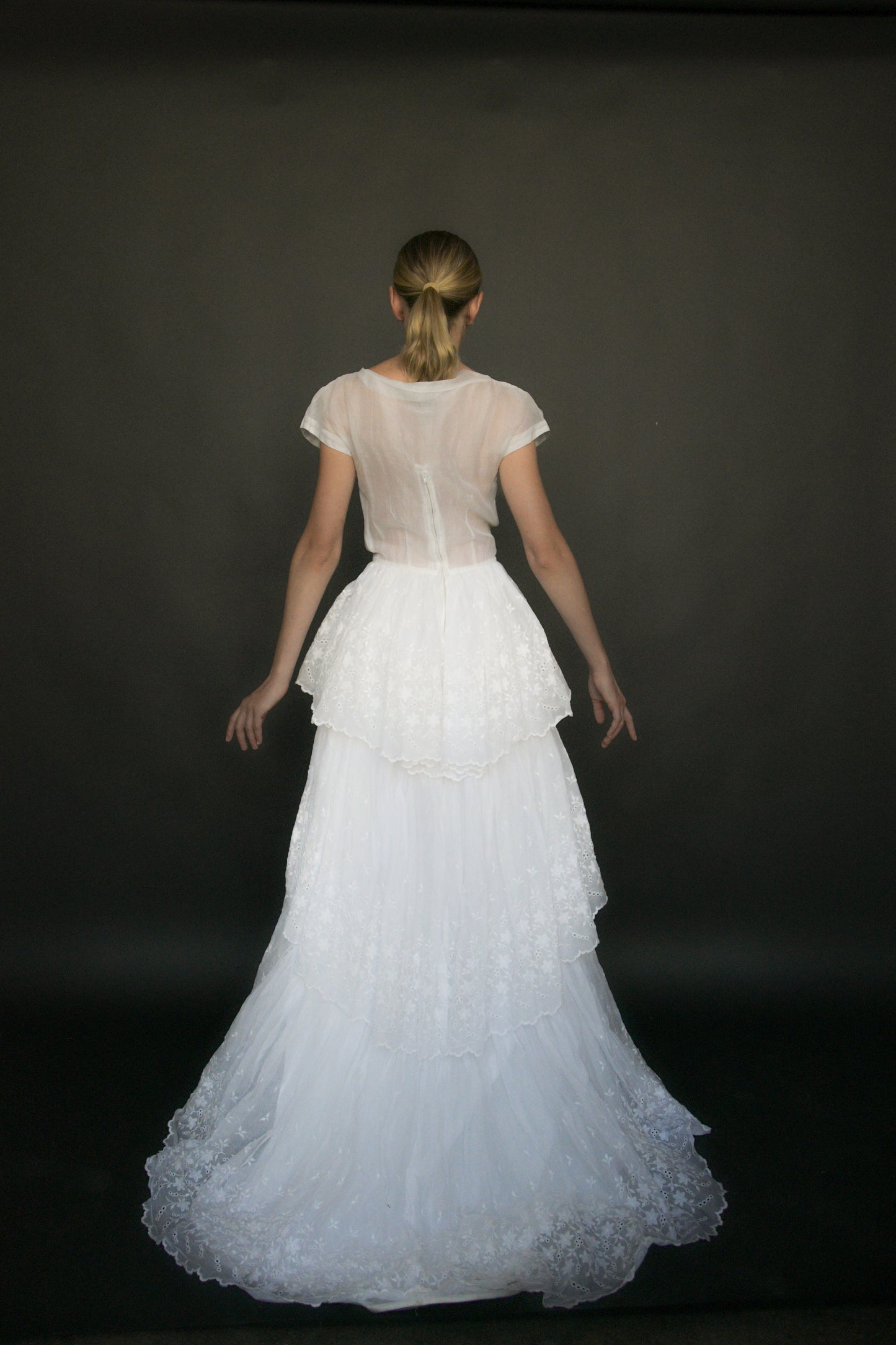 1930s/40s white organdy embroidered eyelet lace gown