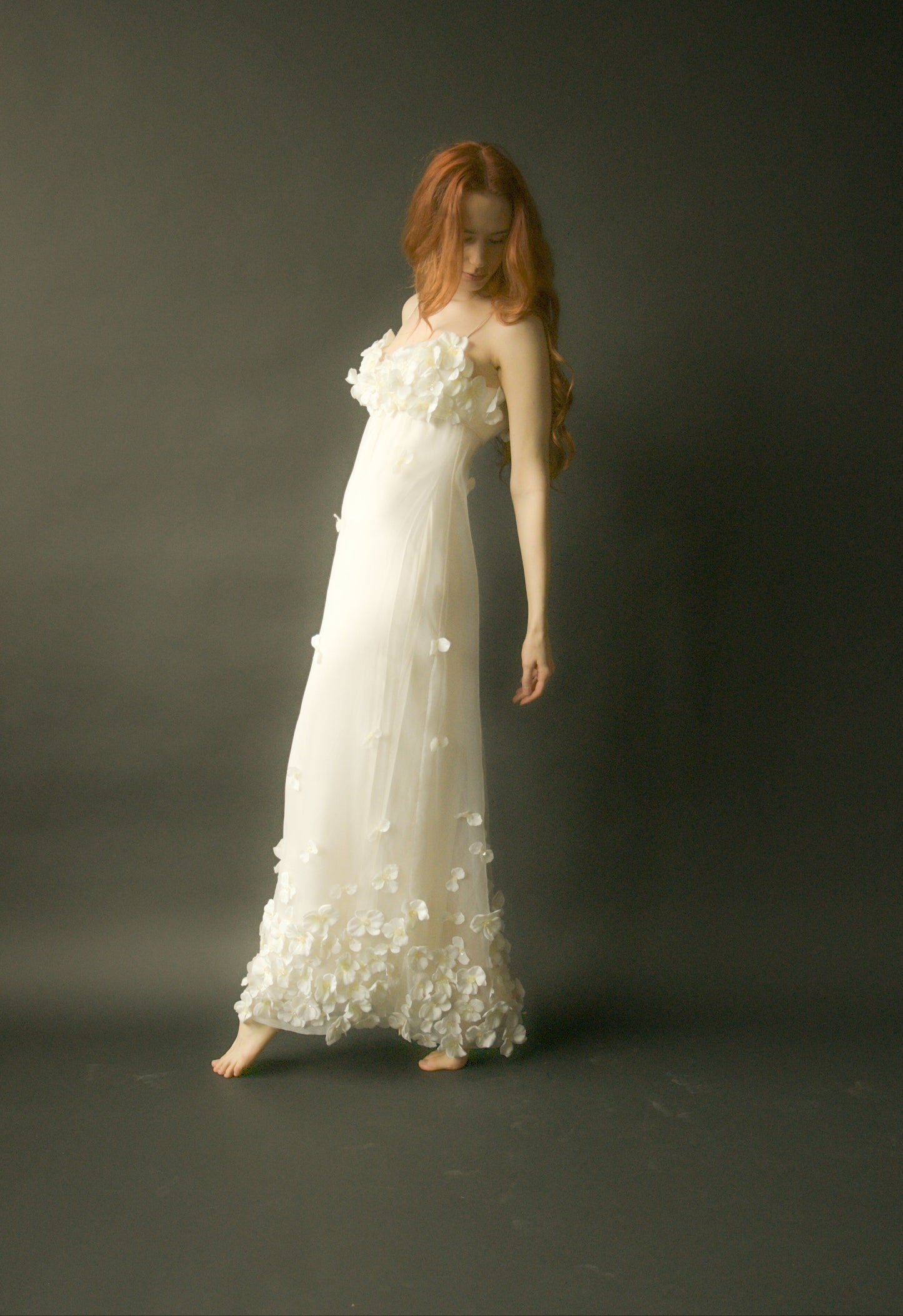 peggy jennings white organza 3D floral applique dress