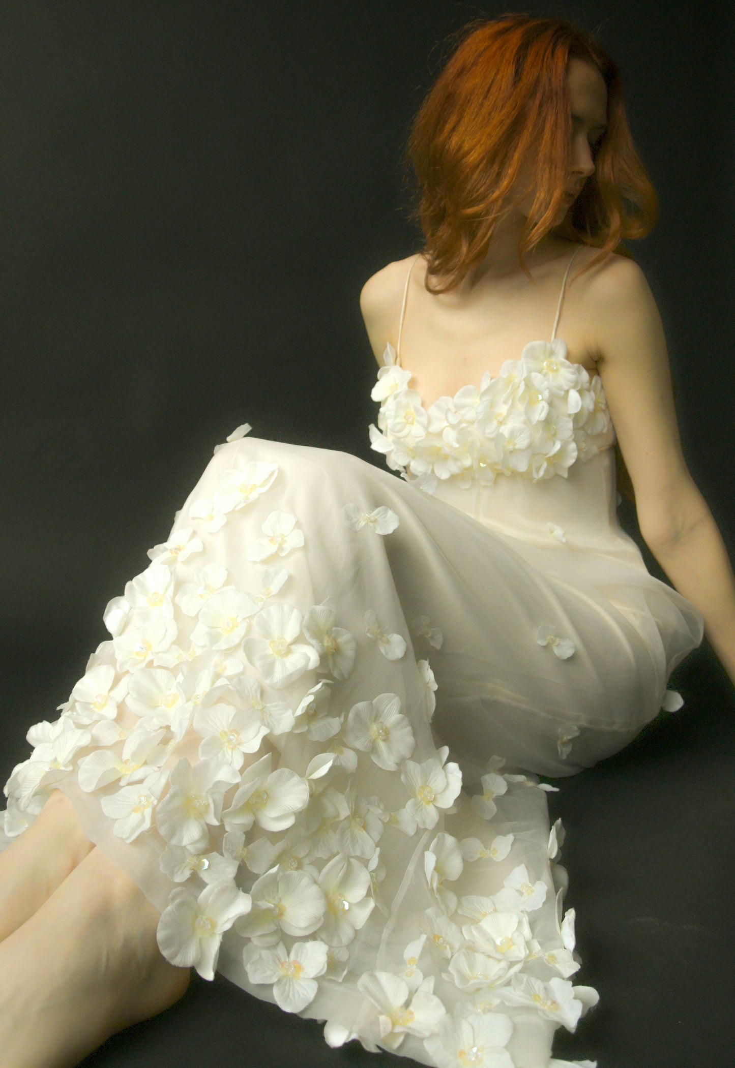 peggy jennings white organza 3D floral applique dress