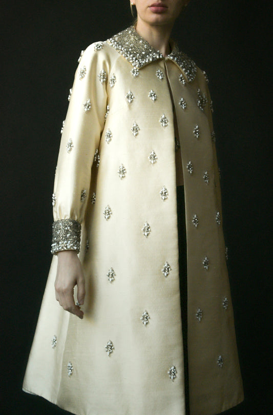1960s silk shantung deco bead and rhinestone opera coat