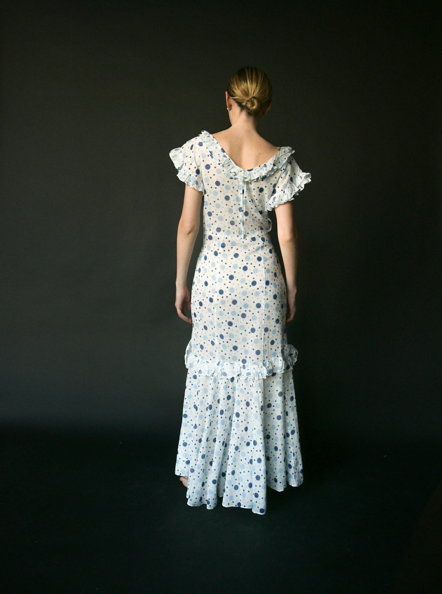 1930s white cotton polka dot mermaid dress