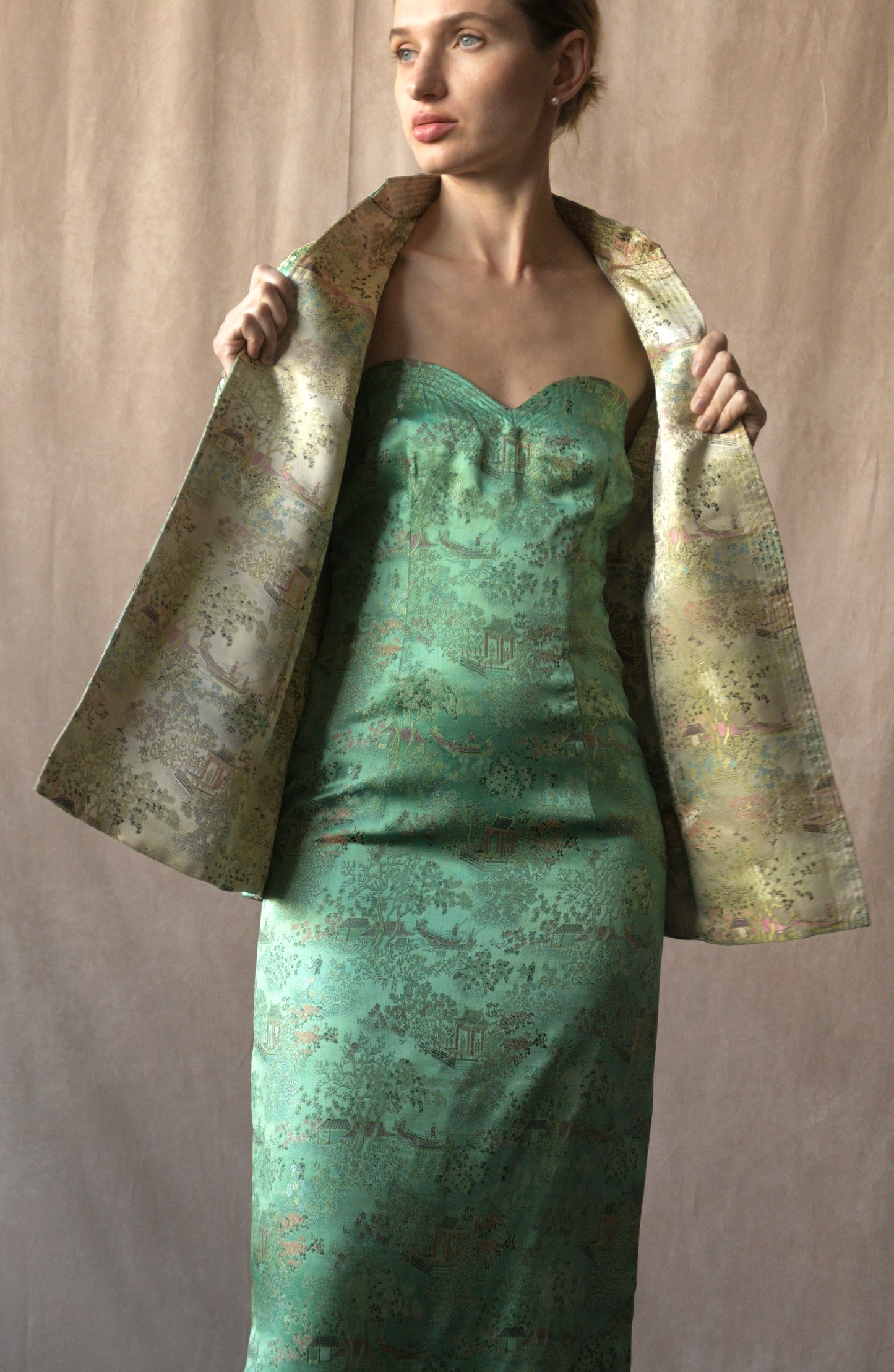 green silk embroidered chinoiserie dress and jacket