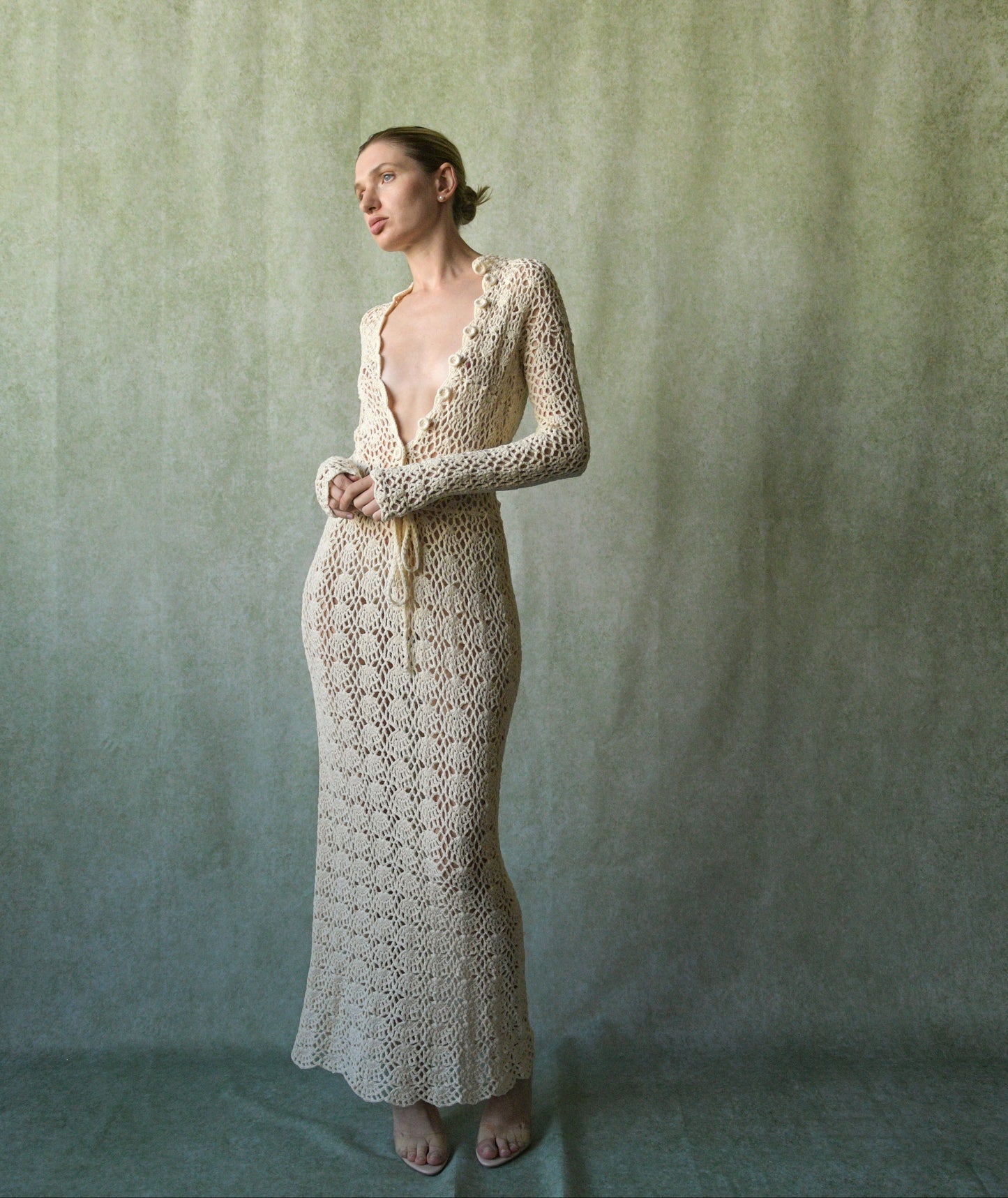 1970s crochet lace fitted dress