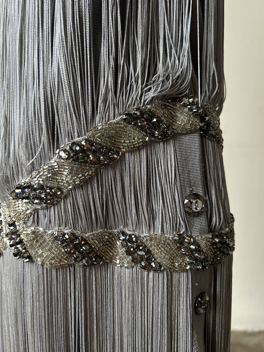 azzaro grey fringe rhinestone mini dress