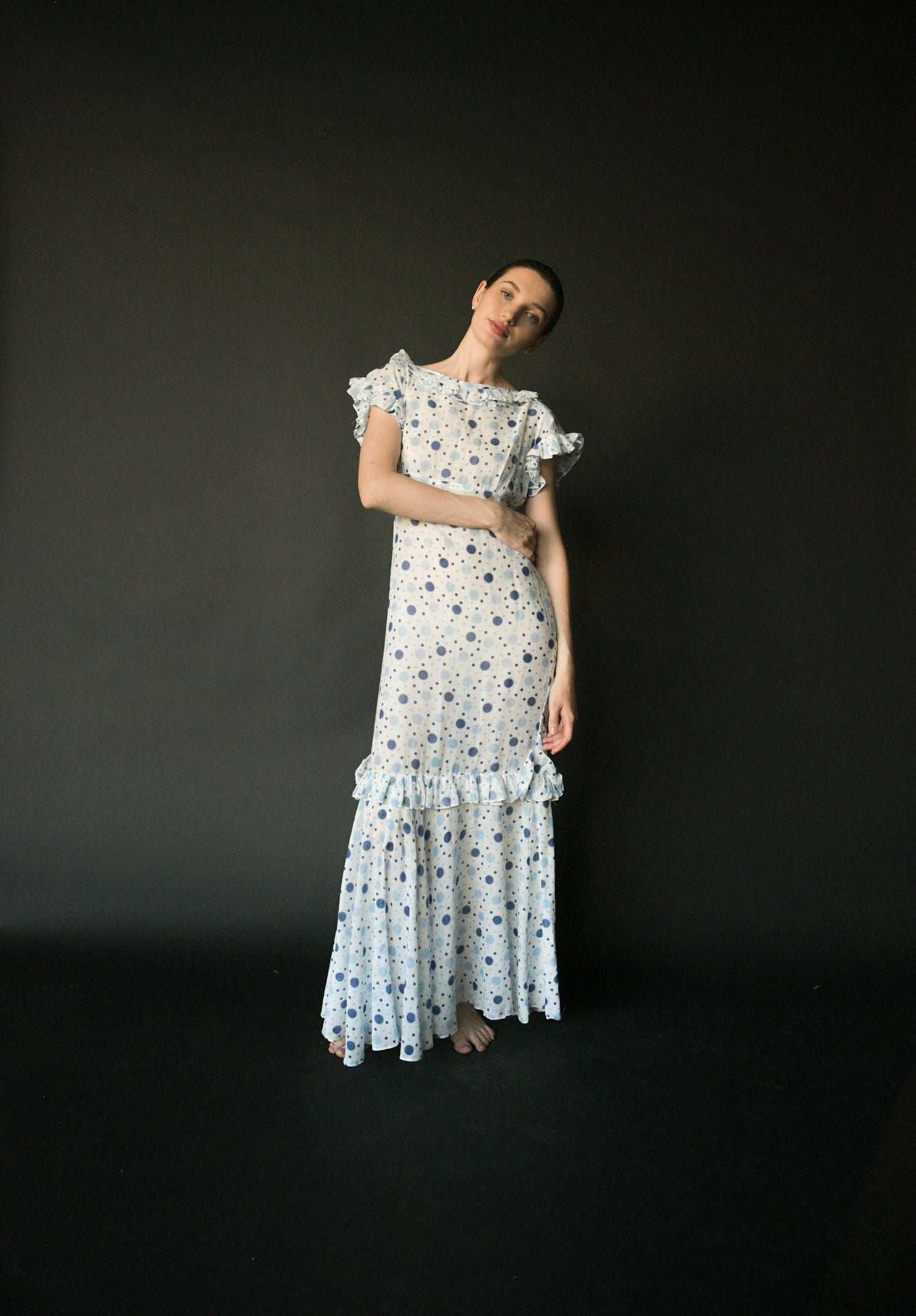 1930s white cotton polka dot mermaid dress