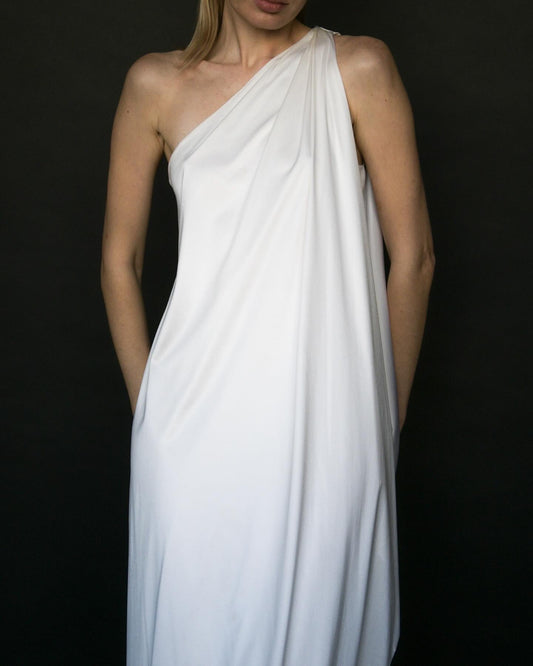 1970s halston white one shoulder dress