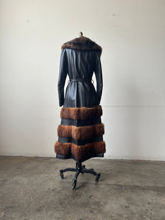 1970s brown leather tiered fur convertible coat