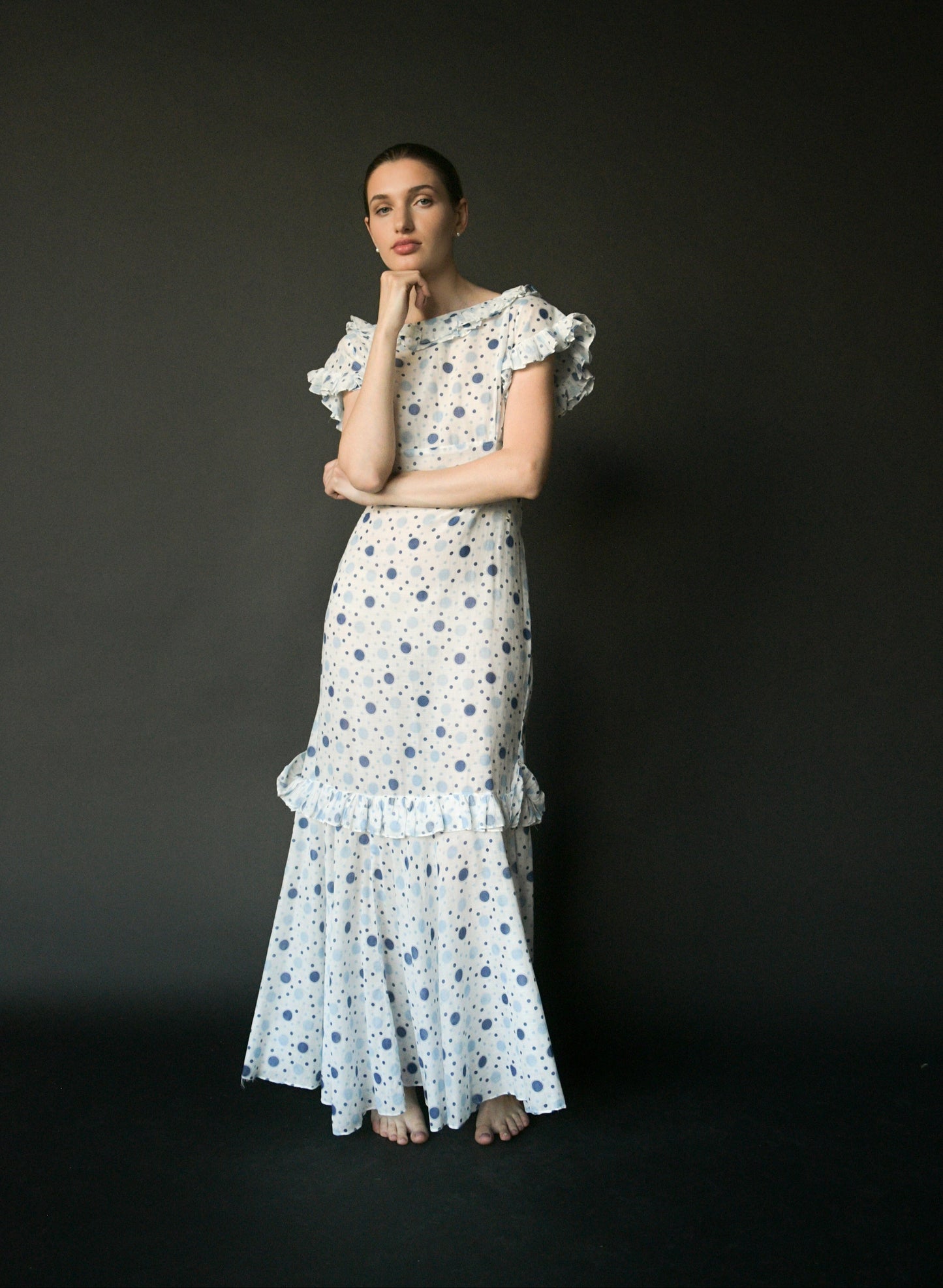 1930s white cotton polka dot mermaid dress