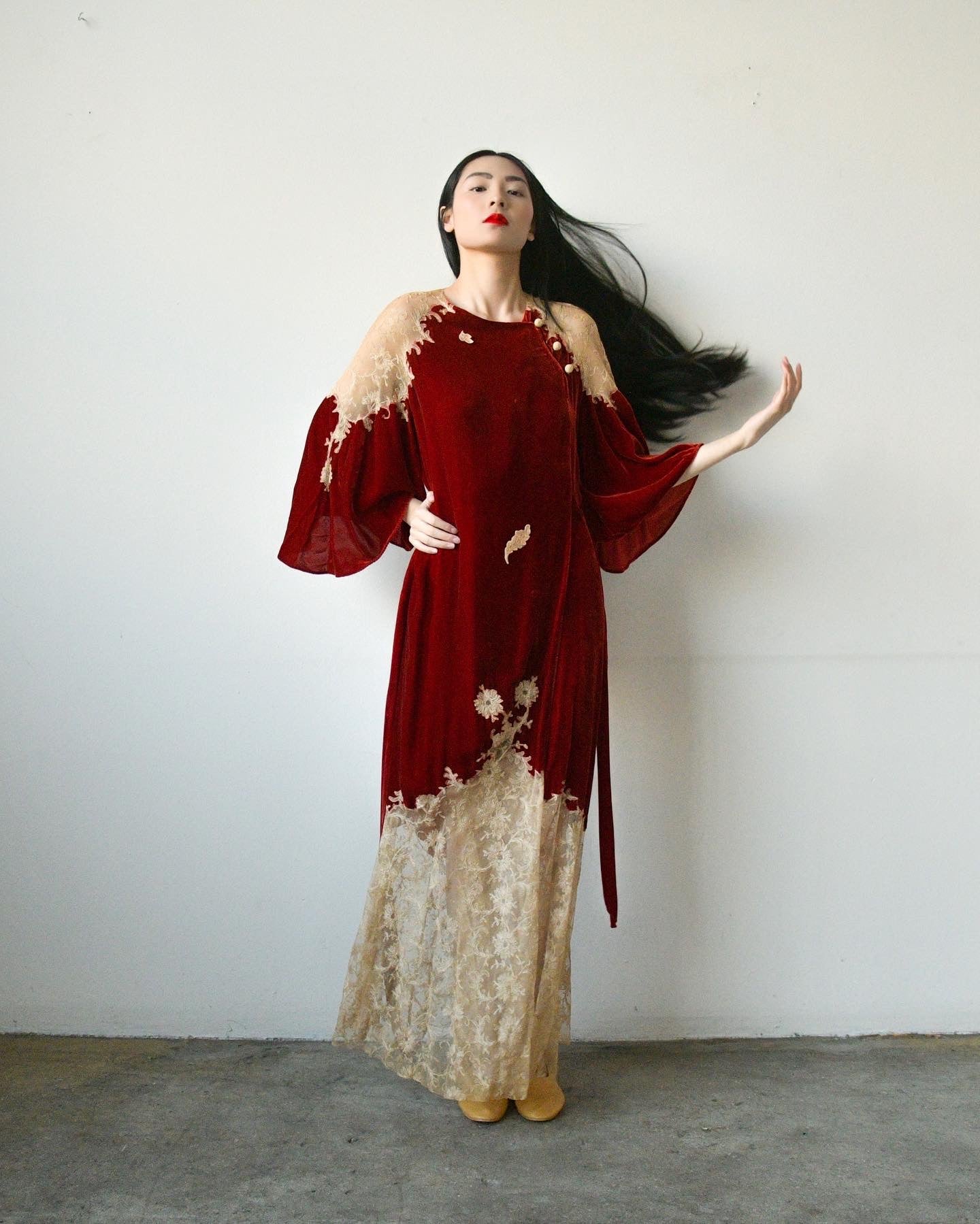 1930s crimson devore tambour lace dress