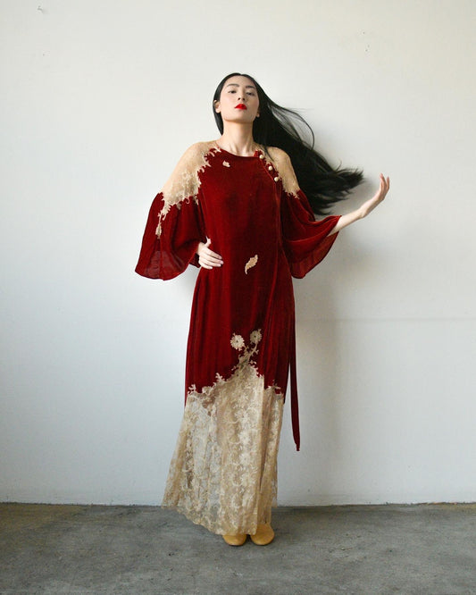 1930s crimson devore tambour lace dress