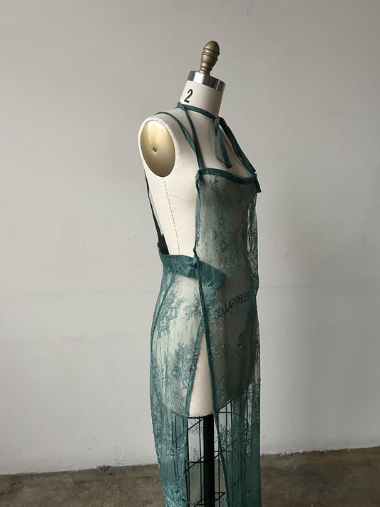 yohji yamamoto y's 2018 green lace wrap dress