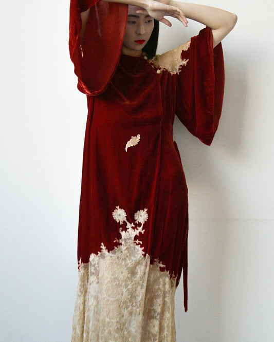 1930s crimson devore tambour lace dress