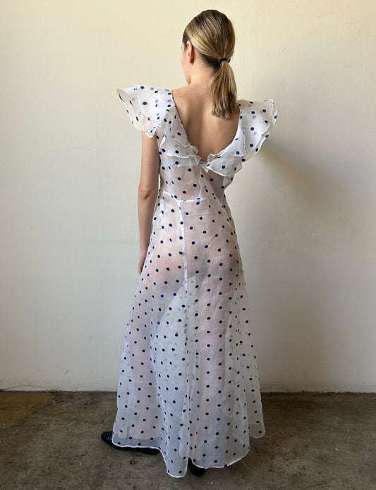1930s white organdy embroidered dot ruffle dress
